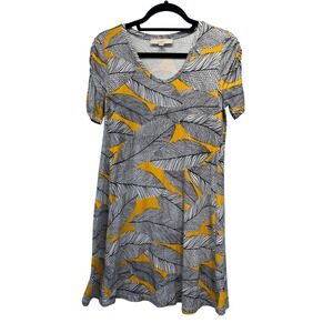 Loft Dress Womens Small Yellow Black White Leaf Print V-Neck Knit Shift Casual